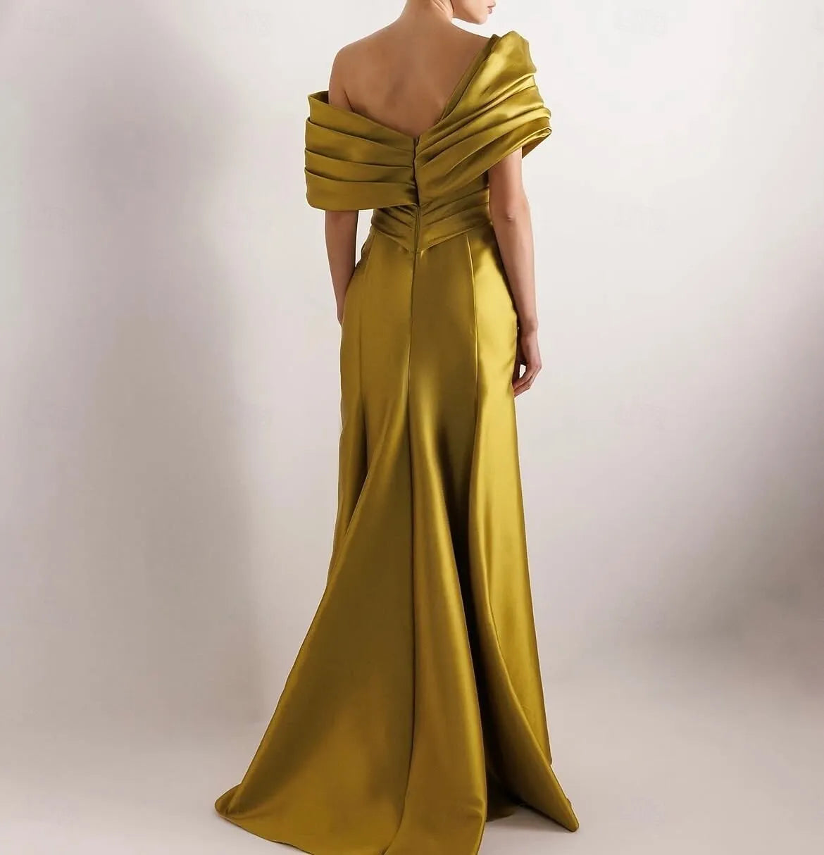 Glamorous Mermaid Off Shoulder Ruched Slit Olive Floor Length Prom Dress Hot Sale