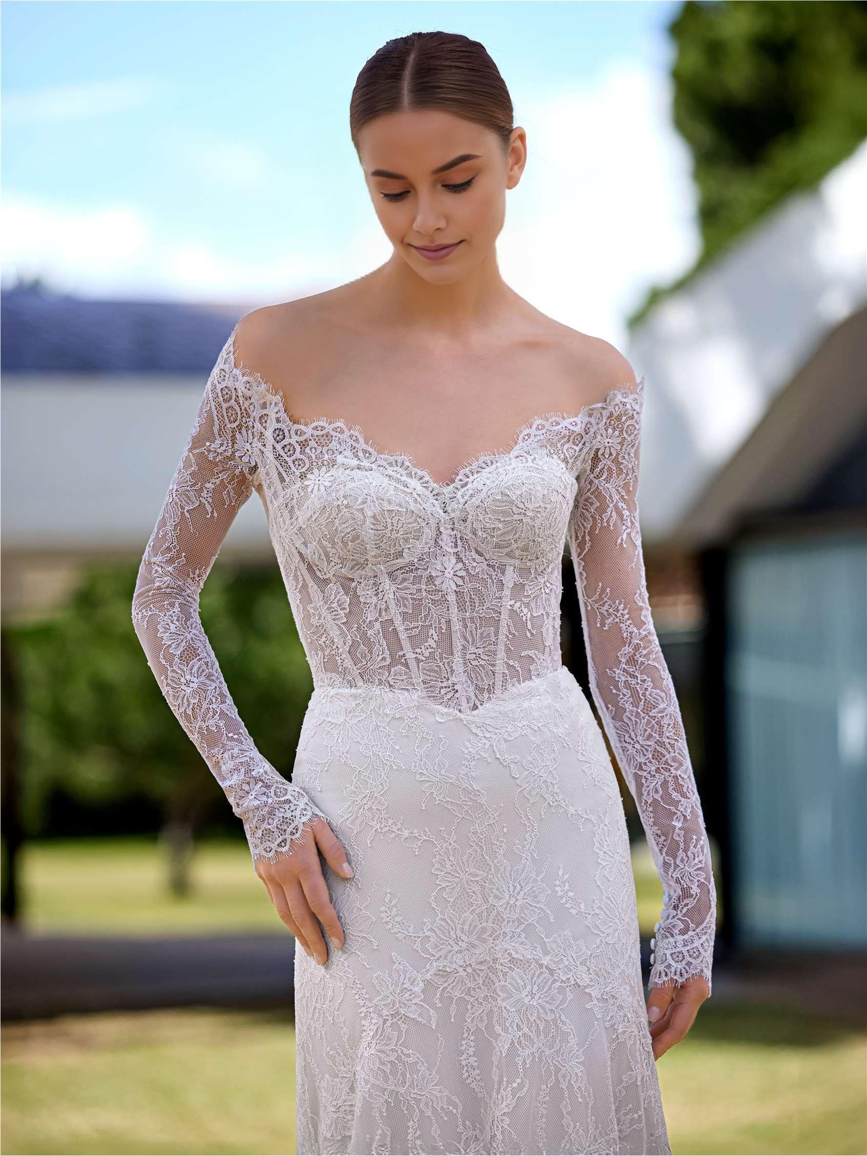 Glamorous Mermaid Off the Shoulder Long-Sleeve Lace-Embroidered Button-Back Sweep/Brush Train Wedding Dress for bride Hot Sale