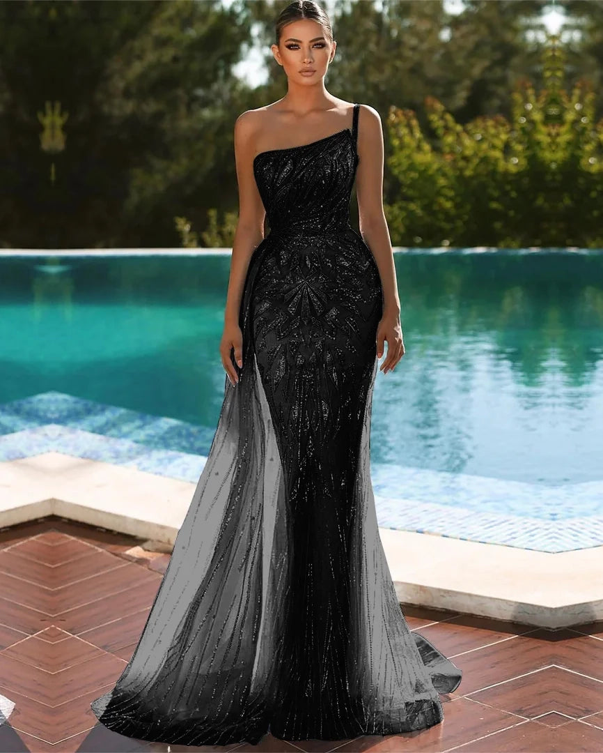 Glamorous Mermaid One-Shoulder Sequin Train Evening Dress