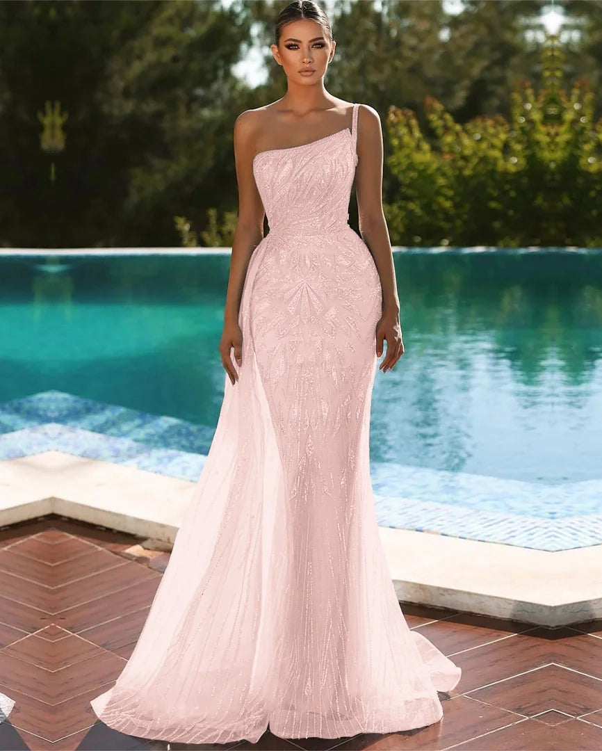 Glamorous Mermaid One-Shoulder Sequin Train Evening Dress