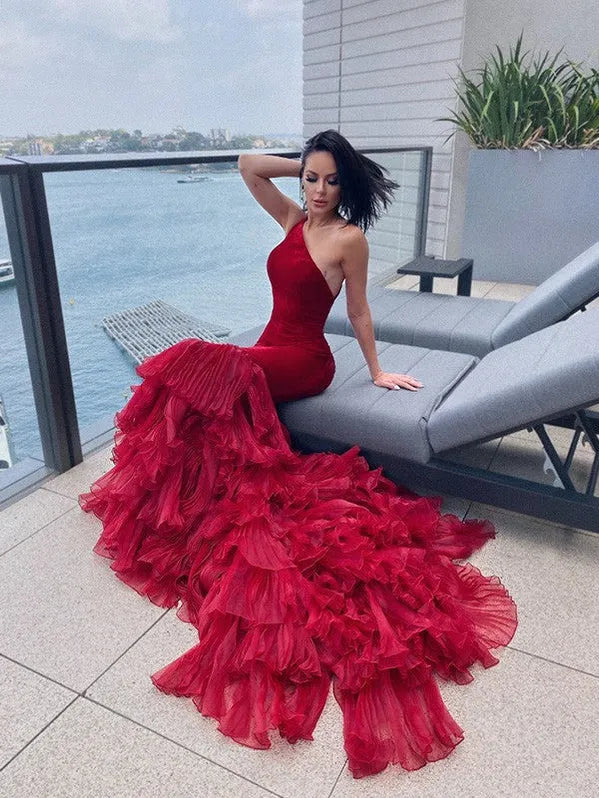 Glamorous Mermaid One-shoulder Tiered Ruffled Red Evening Dress For Ladies Hot Sale