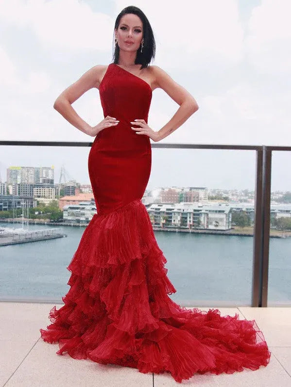 Glamorous Mermaid One-shoulder Tiered Ruffled Red Evening Dress For Ladies Hot Sale