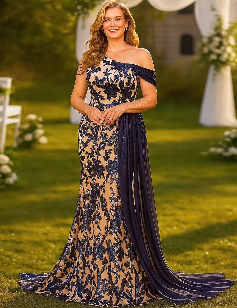 Glamorous Mermaid One Shoulder Sleeveless Sequin Navy Blue Nude Long Prom Dress For Women Ready To Ship