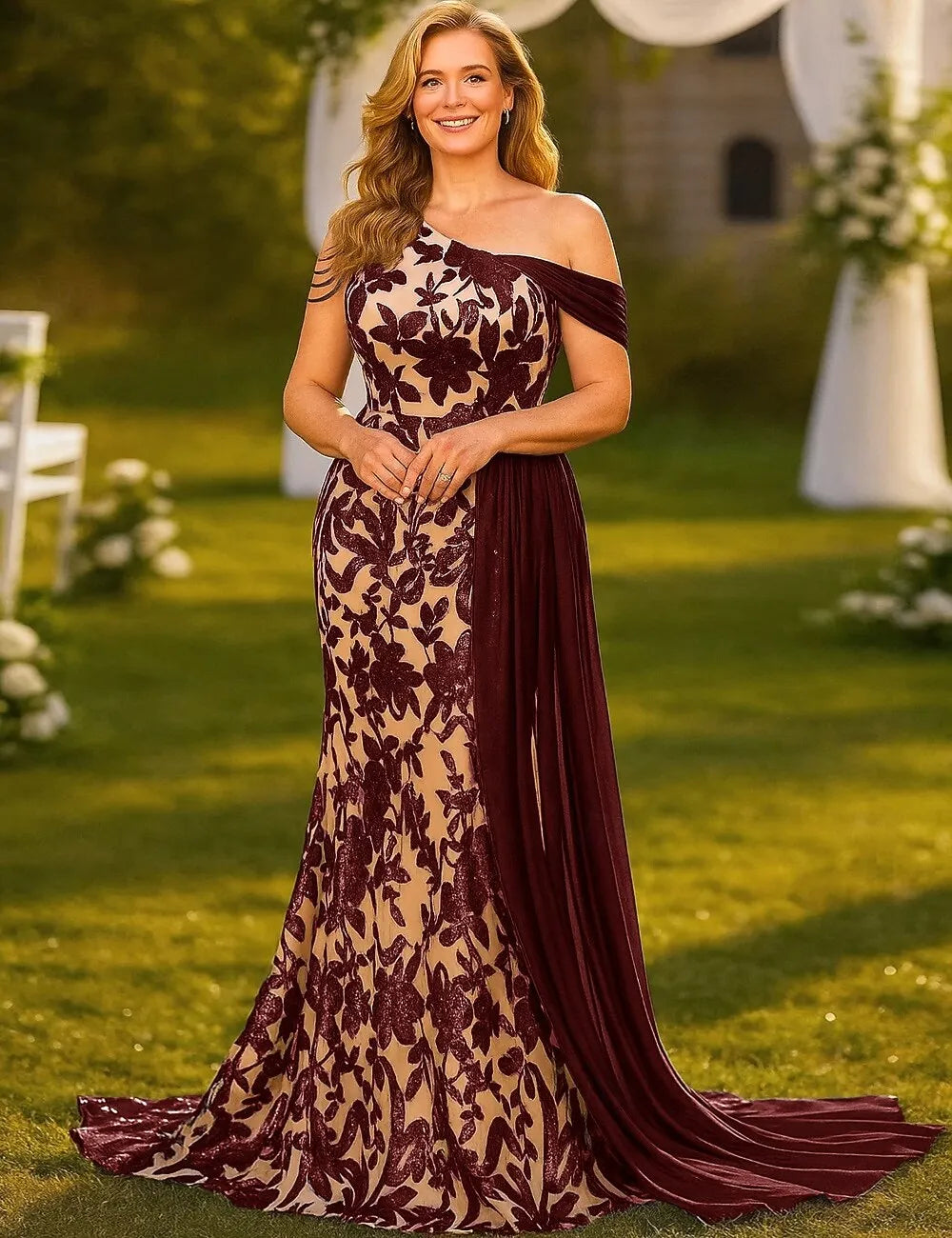Glamorous Mermaid One Shoulder Sleeveless Sequin Navy Blue Nude Long Prom Dress For Women Ready To Ship