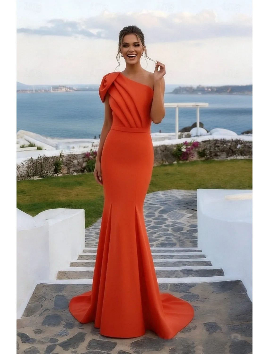 Glamorous Mermaid One Shoulder Ruched Orange Train Prom Dress Hot Sale