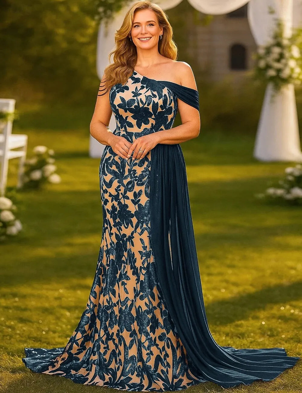 Glamorous Mermaid One Shoulder Sleeveless Sequin Navy Blue Nude Long Prom Dress For Women Ready To Ship