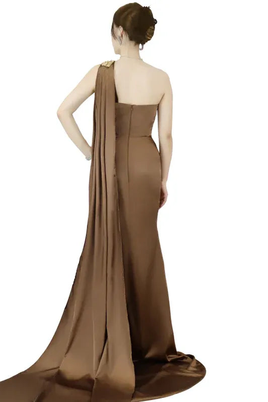 Glamorous Mermaid One Shoulder Cape Beaded Brown Floor-Length Prom Dress For Women