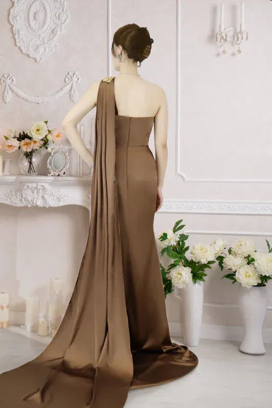 Glamorous Mermaid One Shoulder Cape Beaded Brown Floor-Length Prom Dress For Women