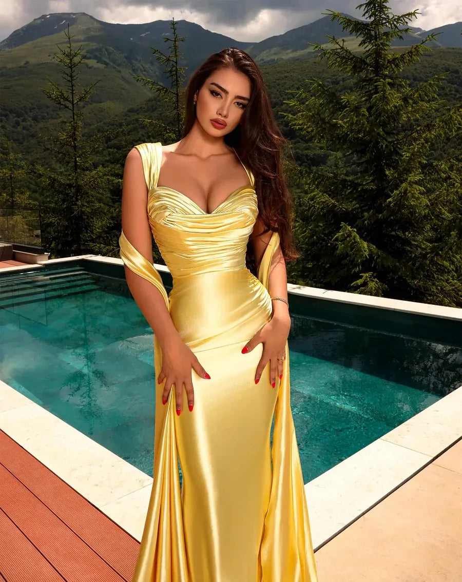Glamorous Mermaid One Shoulder Ruched Satin Yellow Floor Length Prom Dress