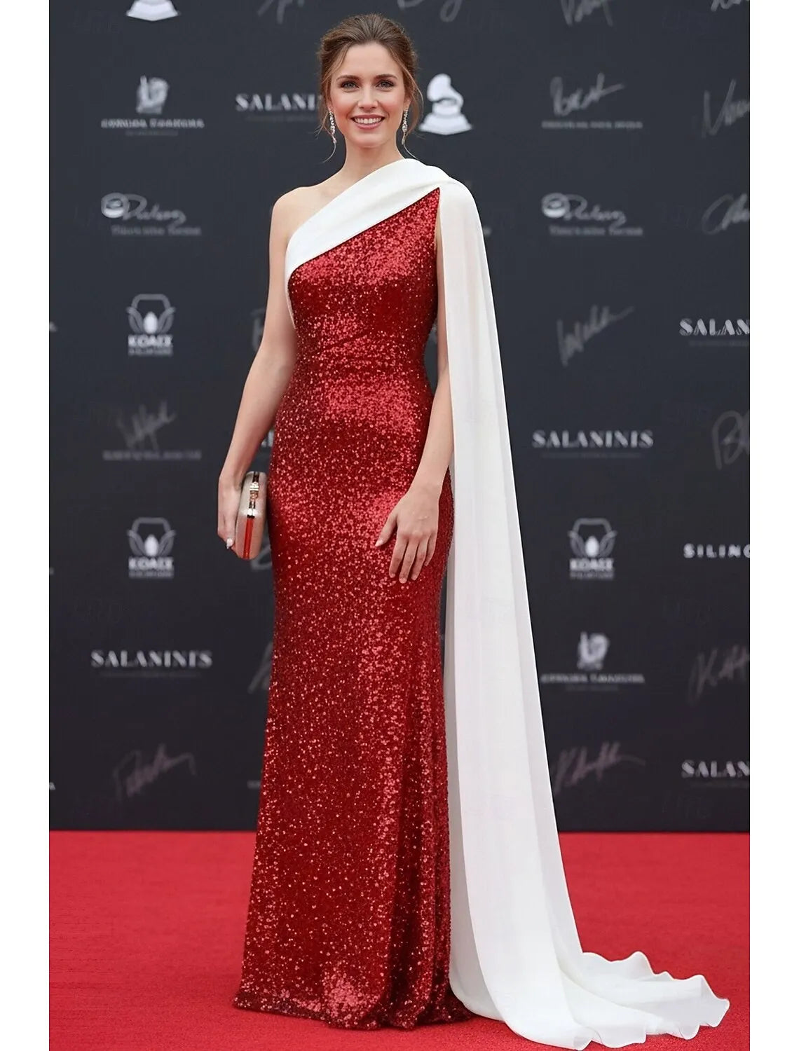Glamorous Mermaid One Shoulder Sequin Color Block Cape Red Evening Dress For Sale