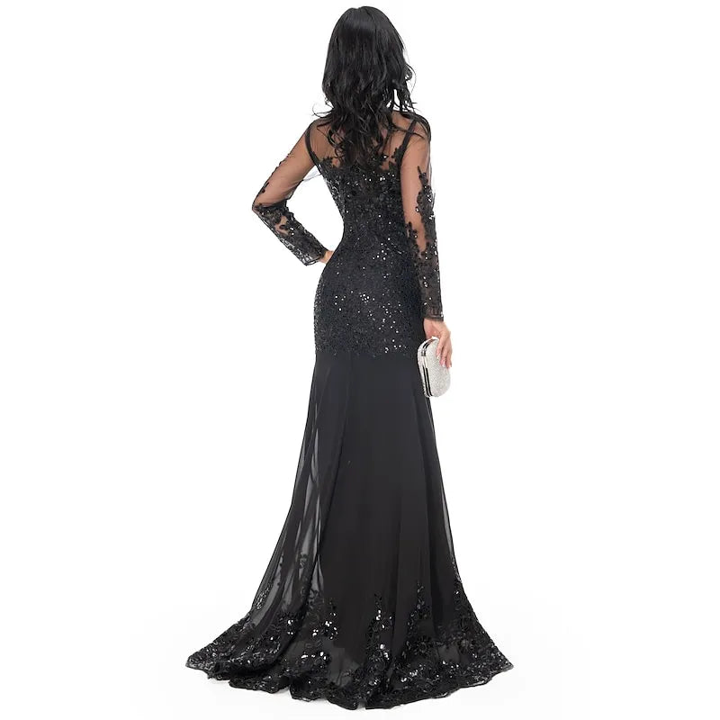 Glamorous Mermaid Sheer Neck Long Sleeve Lace Applique Sequin Black Evening Dress For Sale