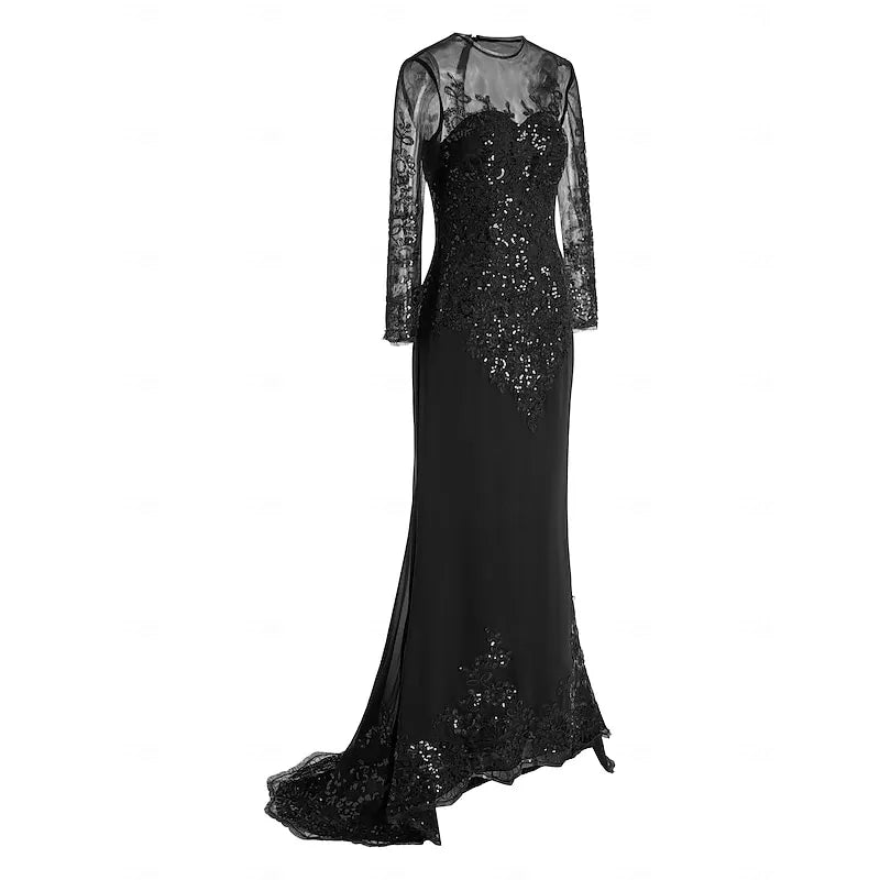 Glamorous Mermaid Sheer Neck Long Sleeve Lace Applique Sequin Black Evening Dress For Sale