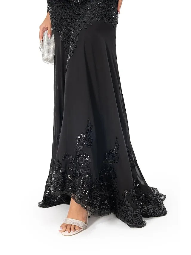 Glamorous Mermaid Sheer Neck Long Sleeve Lace Applique Sequin Black Evening Dress For Sale