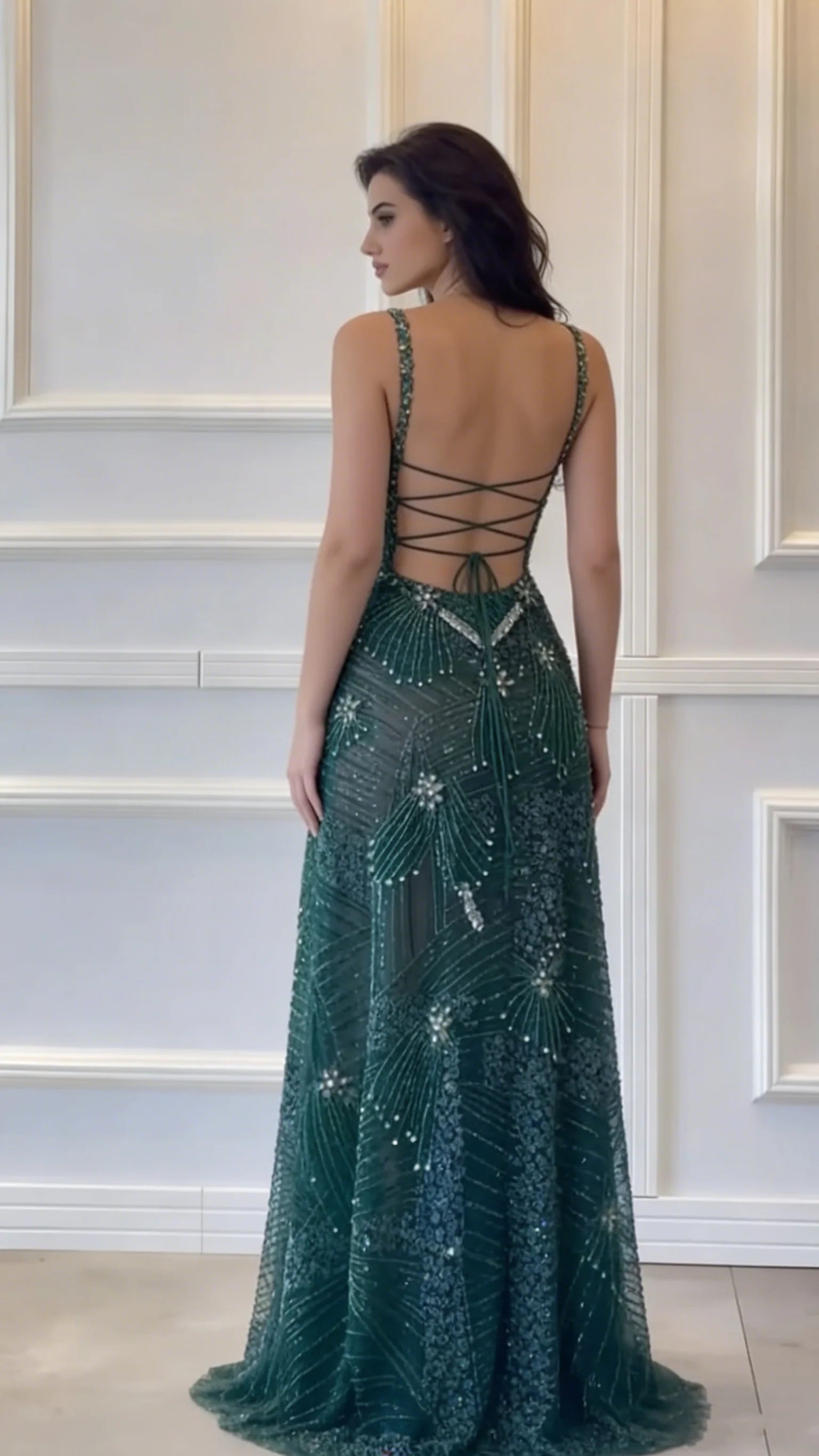 Glamorous Mermaid Spaghetti Strap Beaded Emerald Green Maxi Prom Dress