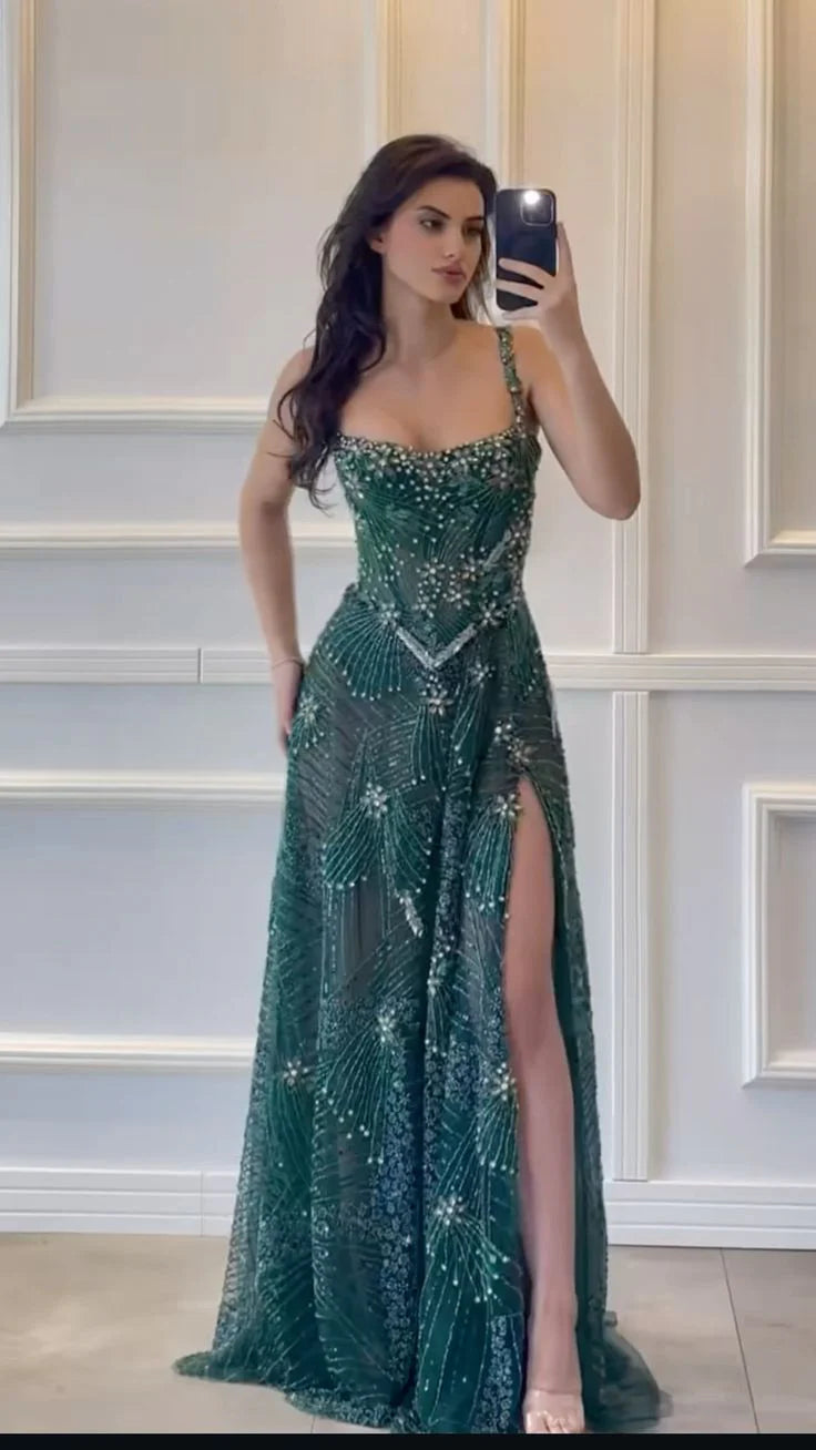Glamorous Mermaid Spaghetti Strap Beaded Emerald Green Maxi Prom Dress