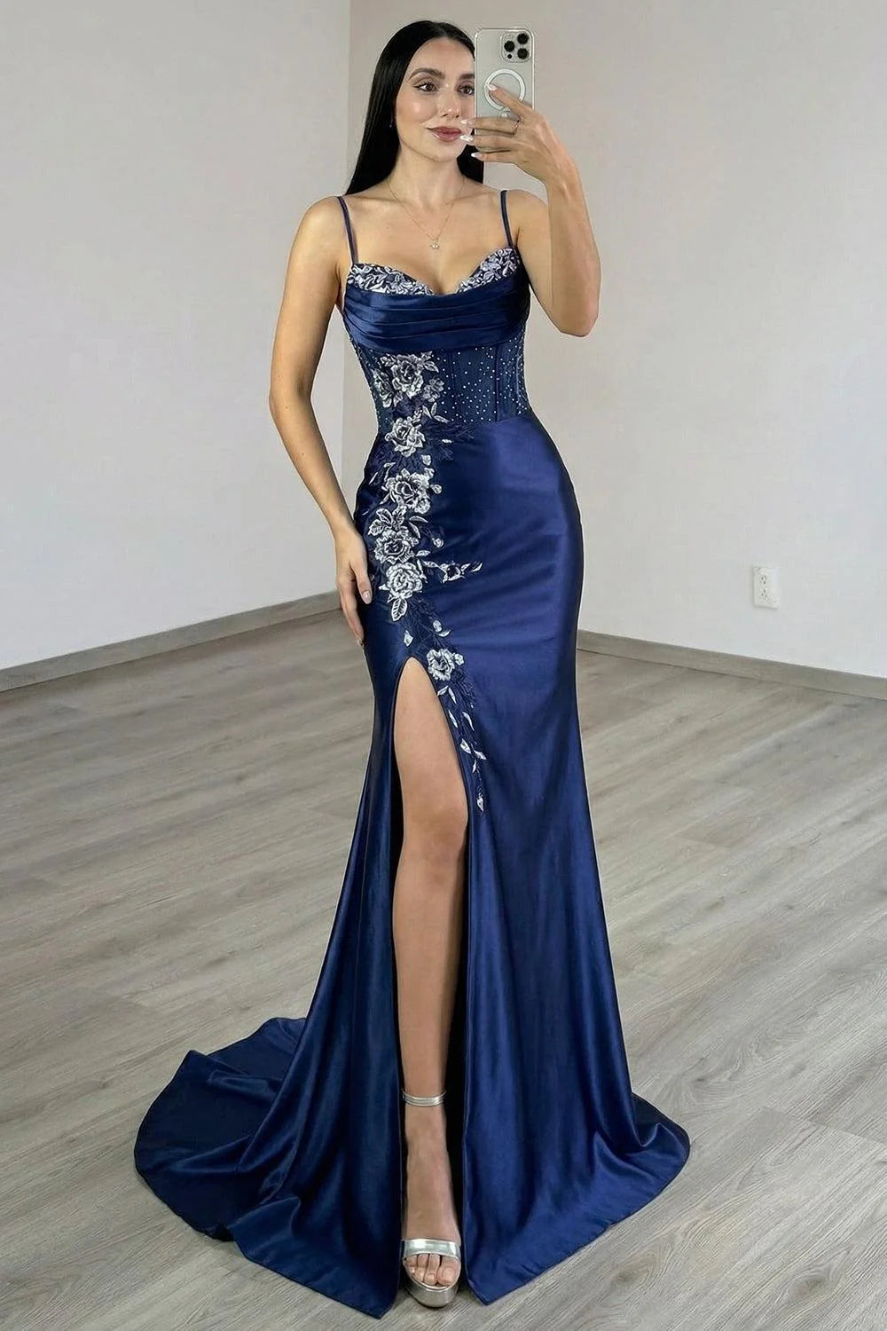 Glamorous Mermaid Spaghetti Strap Embroidered Navy Blue Prom Dress