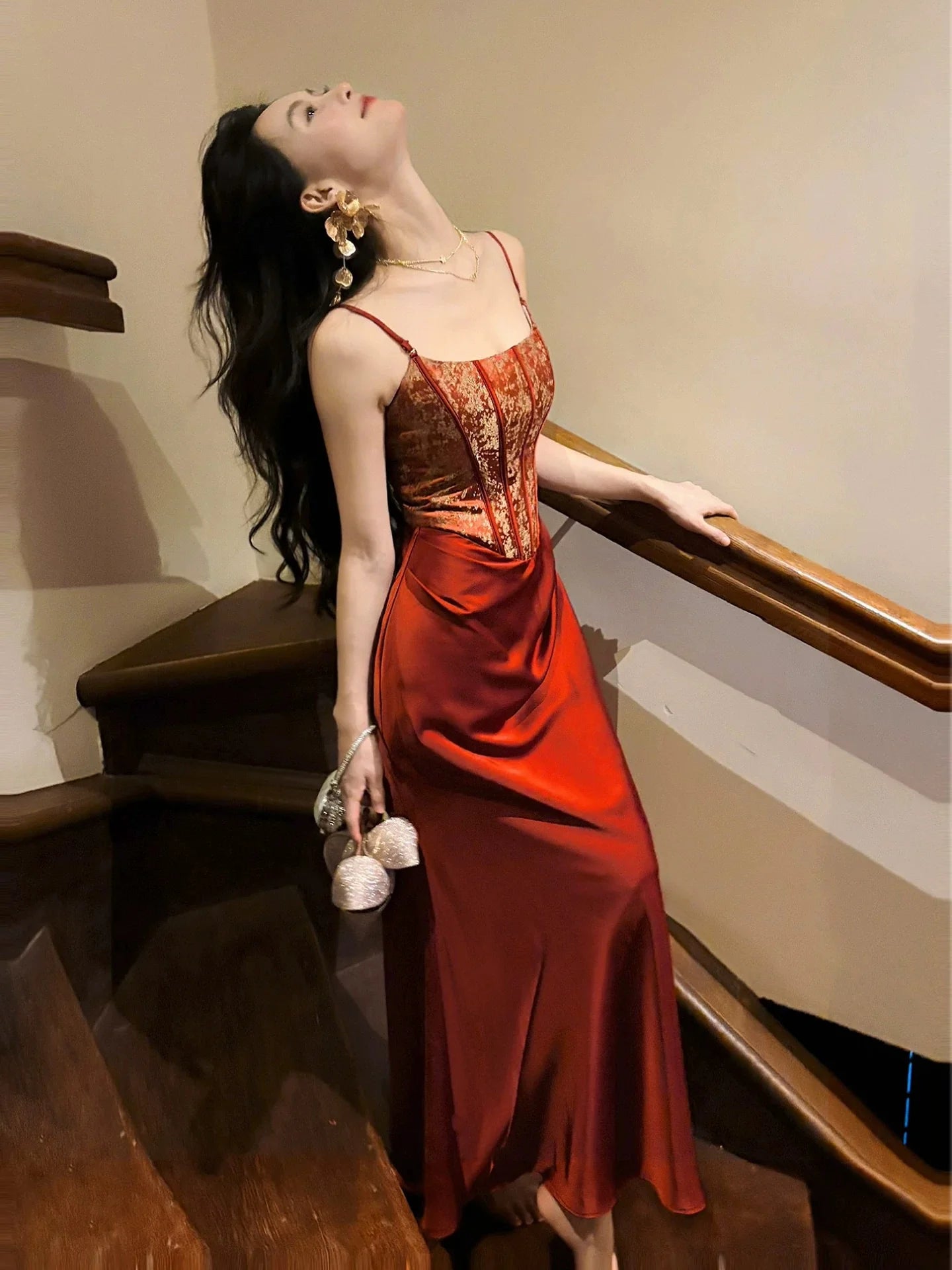Glamorous Mermaid Spaghetti Strap Jacquard Red Satin Maxi Prom Dress