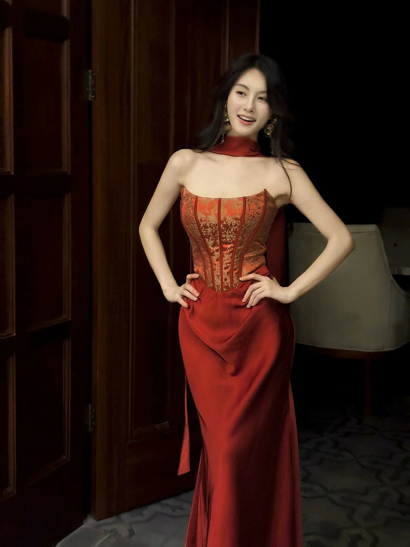 Glamorous Mermaid Spaghetti Strap Jacquard Red Satin Maxi Prom Dress