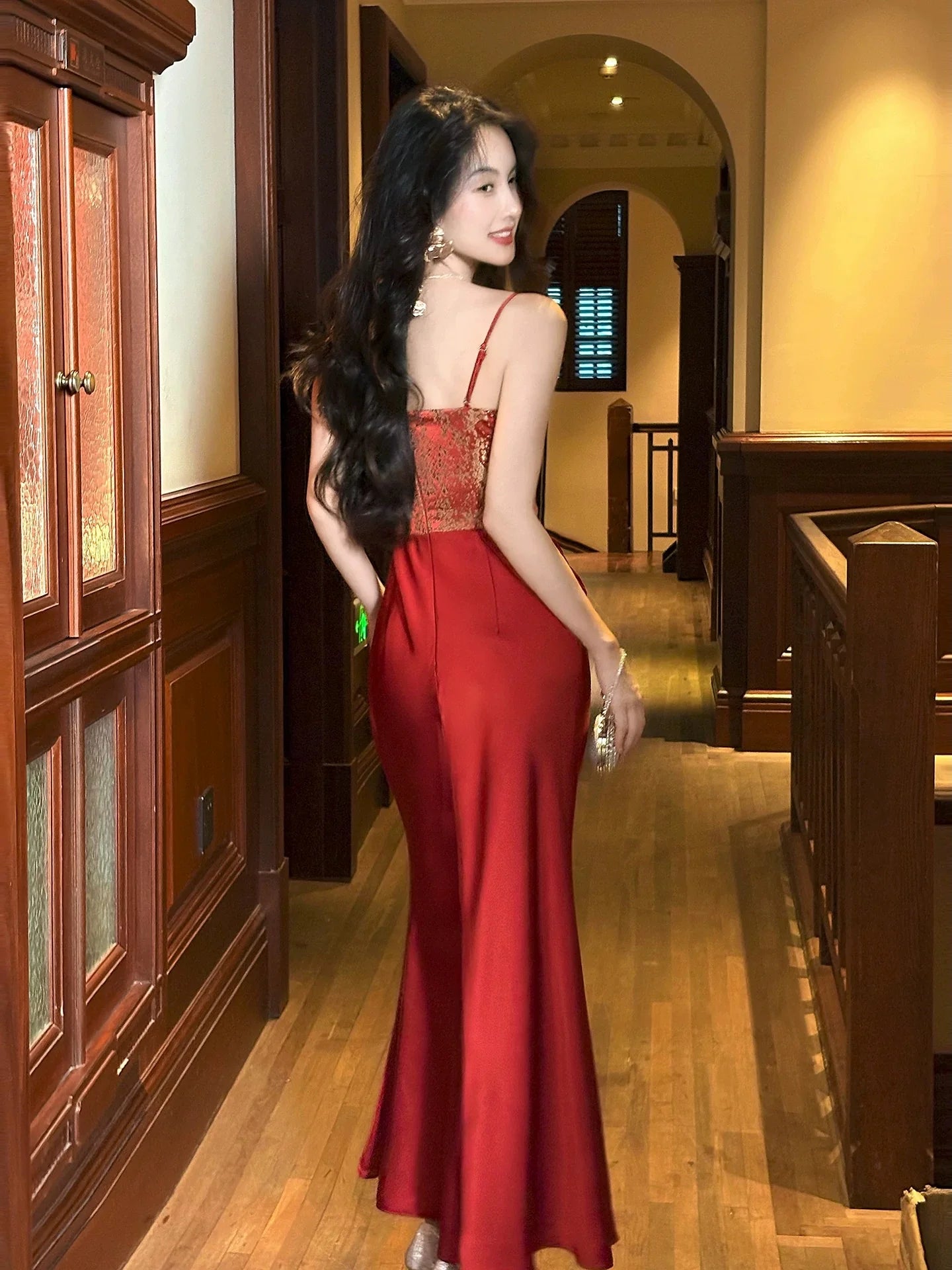 Glamorous Mermaid Spaghetti Strap Jacquard Red Satin Maxi Prom Dress