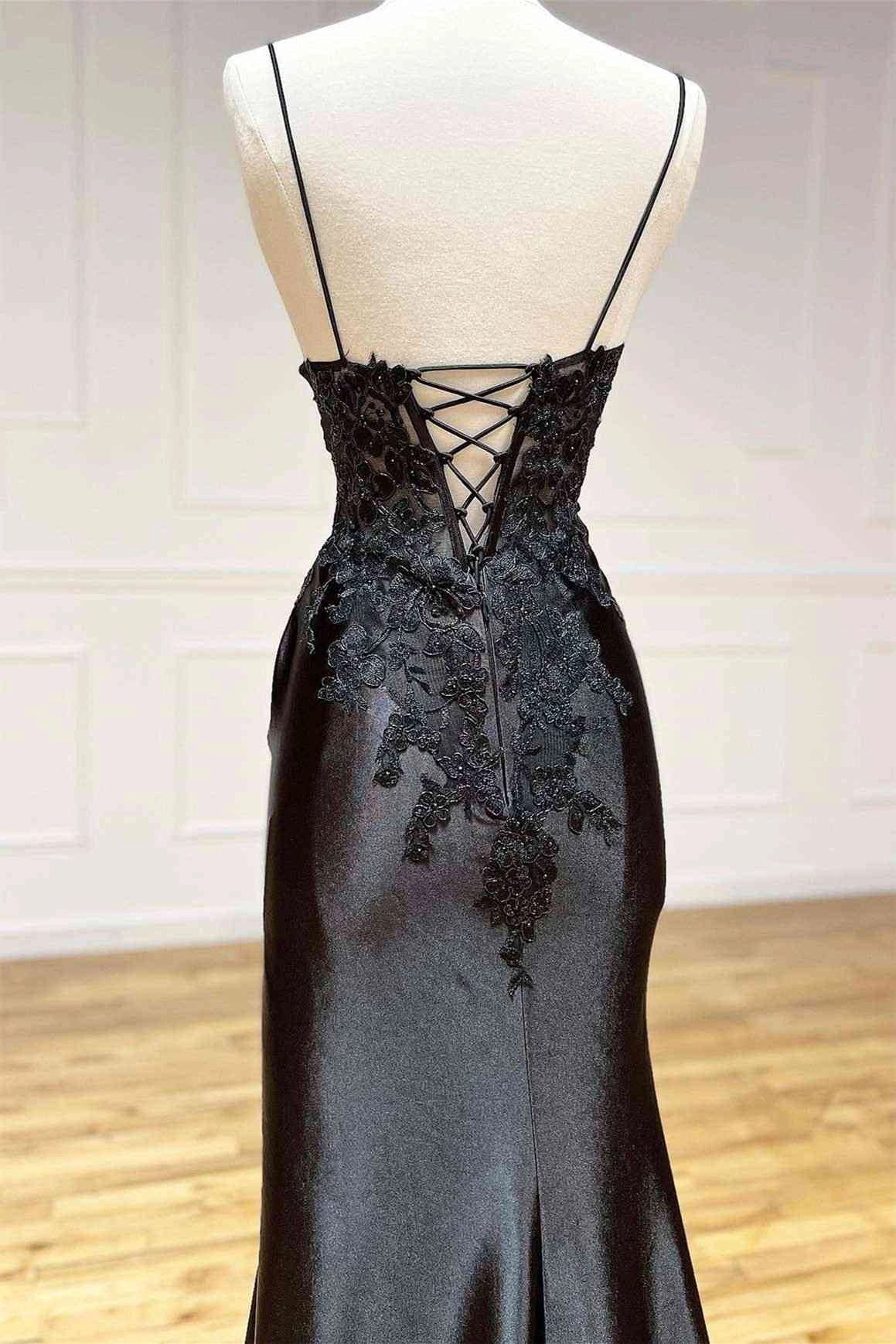 Glamorous Mermaid Spaghetti Strap Lace Black Floor-Length Prom Dress