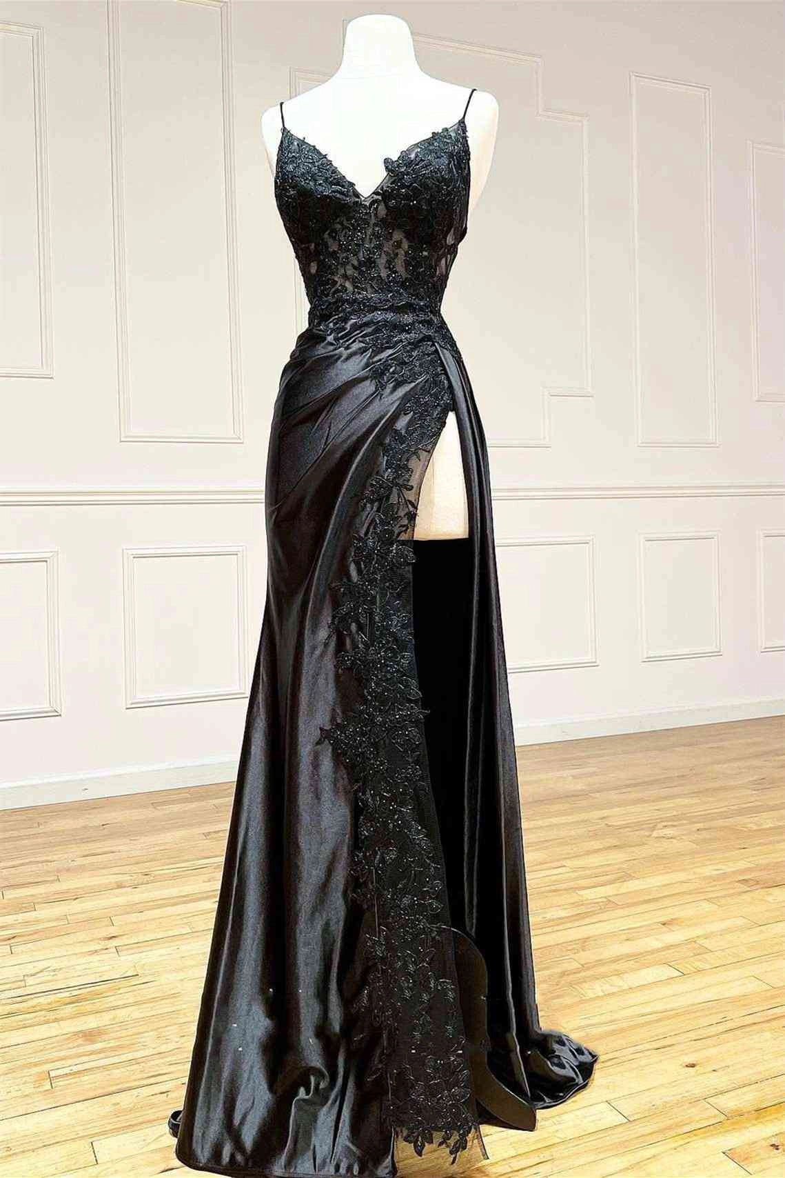 Glamorous Mermaid Spaghetti Strap Lace Black Floor-Length Prom Dress