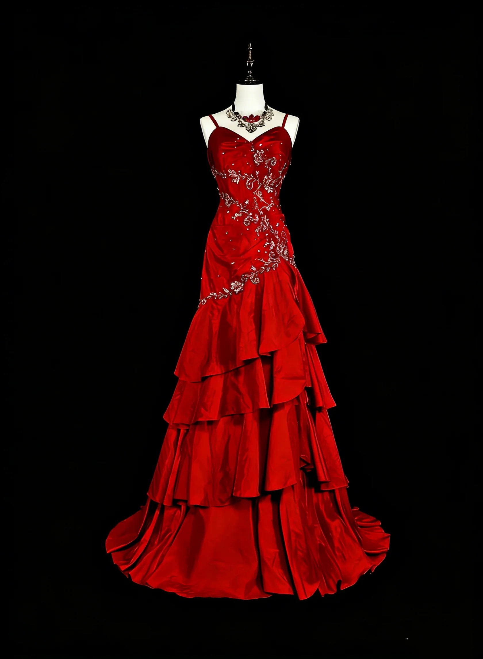 Glamorous Mermaid Spaghetti Strap Ruffled Red Maxi Prom Dress