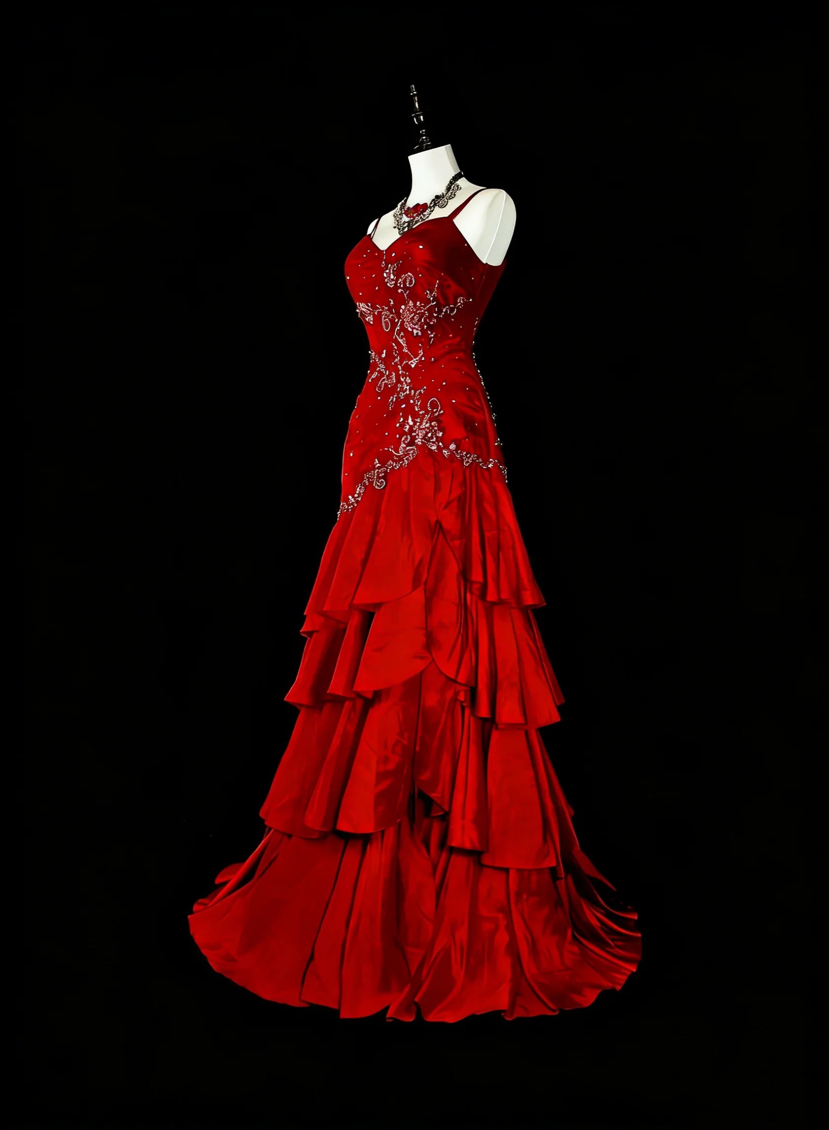 Glamorous Mermaid Spaghetti Strap Ruffled Red Maxi Prom Dress