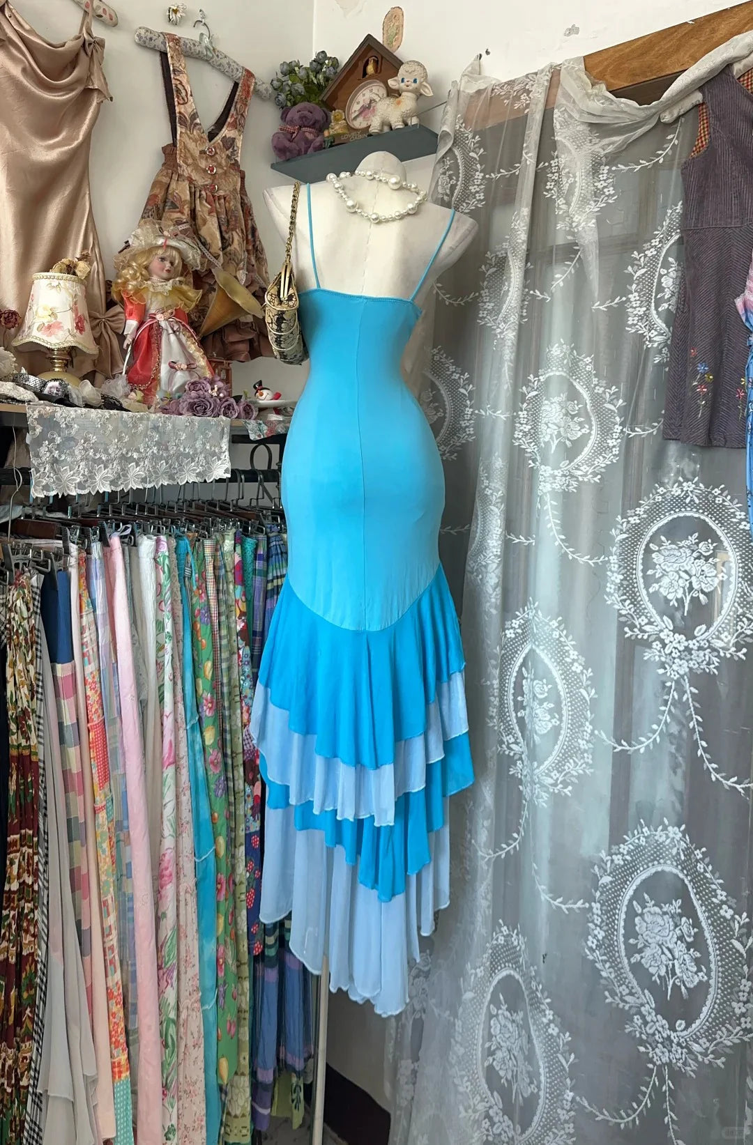 Glamorous Mermaid Spaghetti Strap Ruffled Turquoise Maxi Prom Dress