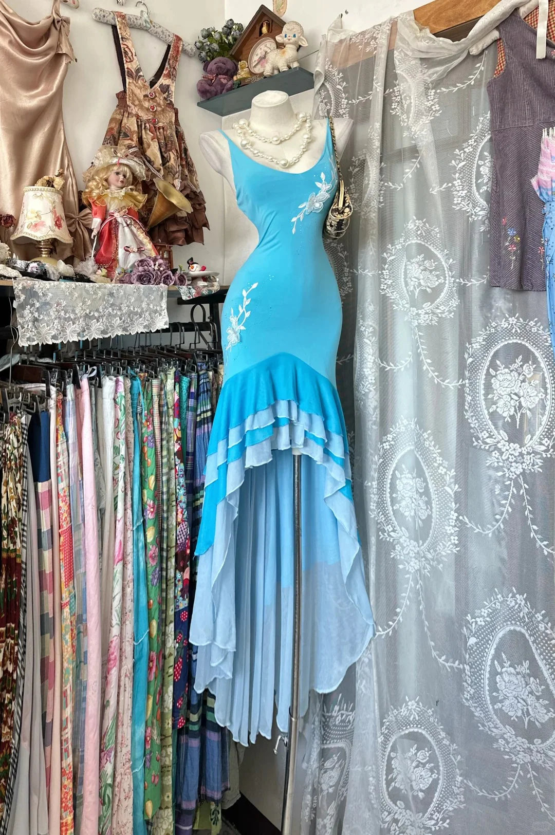 Glamorous Mermaid Spaghetti Strap Ruffled Turquoise Maxi Prom Dress