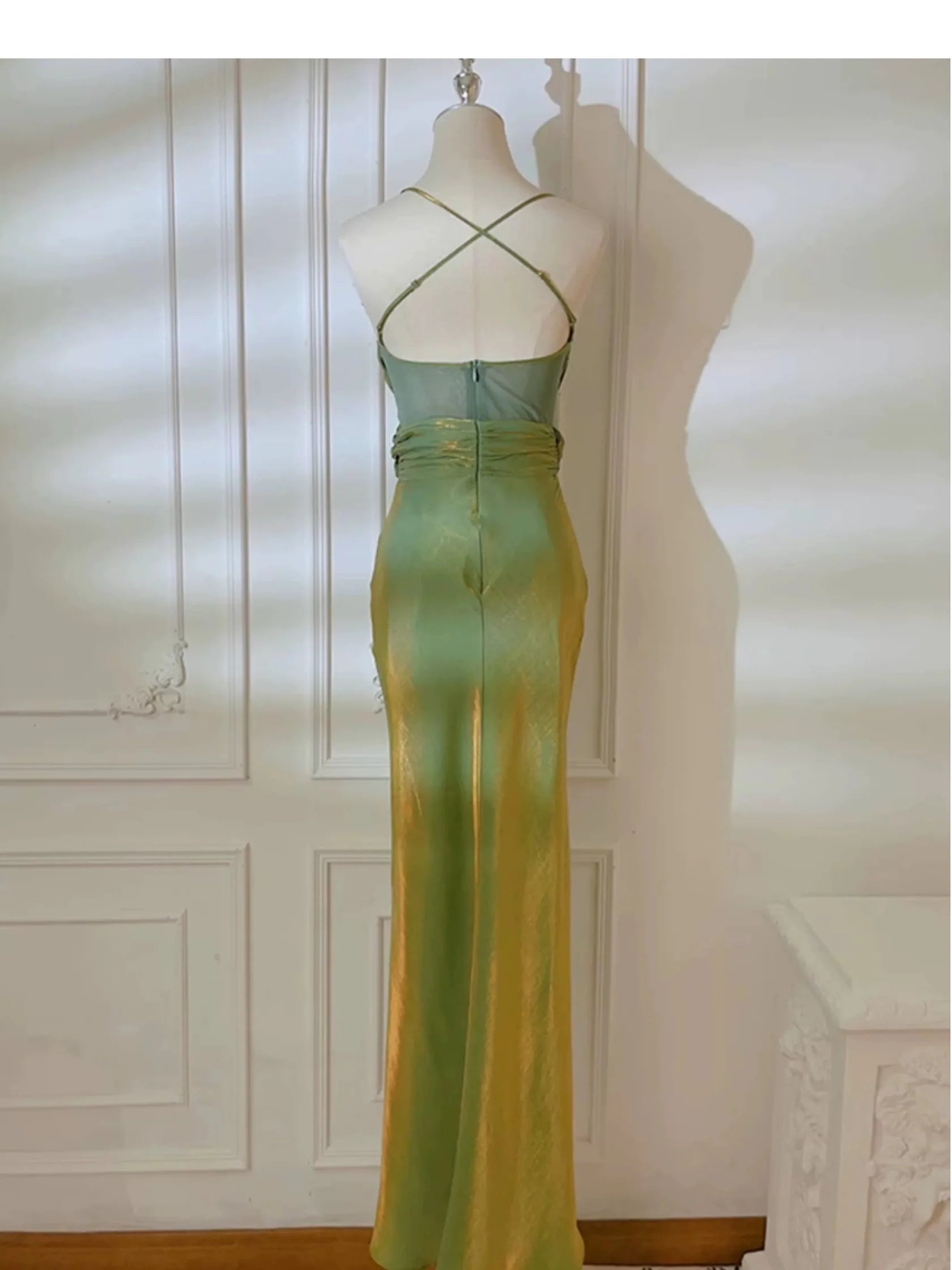 Glamorous Mermaid Spaghetti Strap Satin Green Maxi Prom Dress