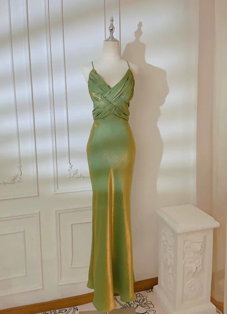 Glamorous Mermaid Spaghetti Strap Satin Green Maxi Prom Dress