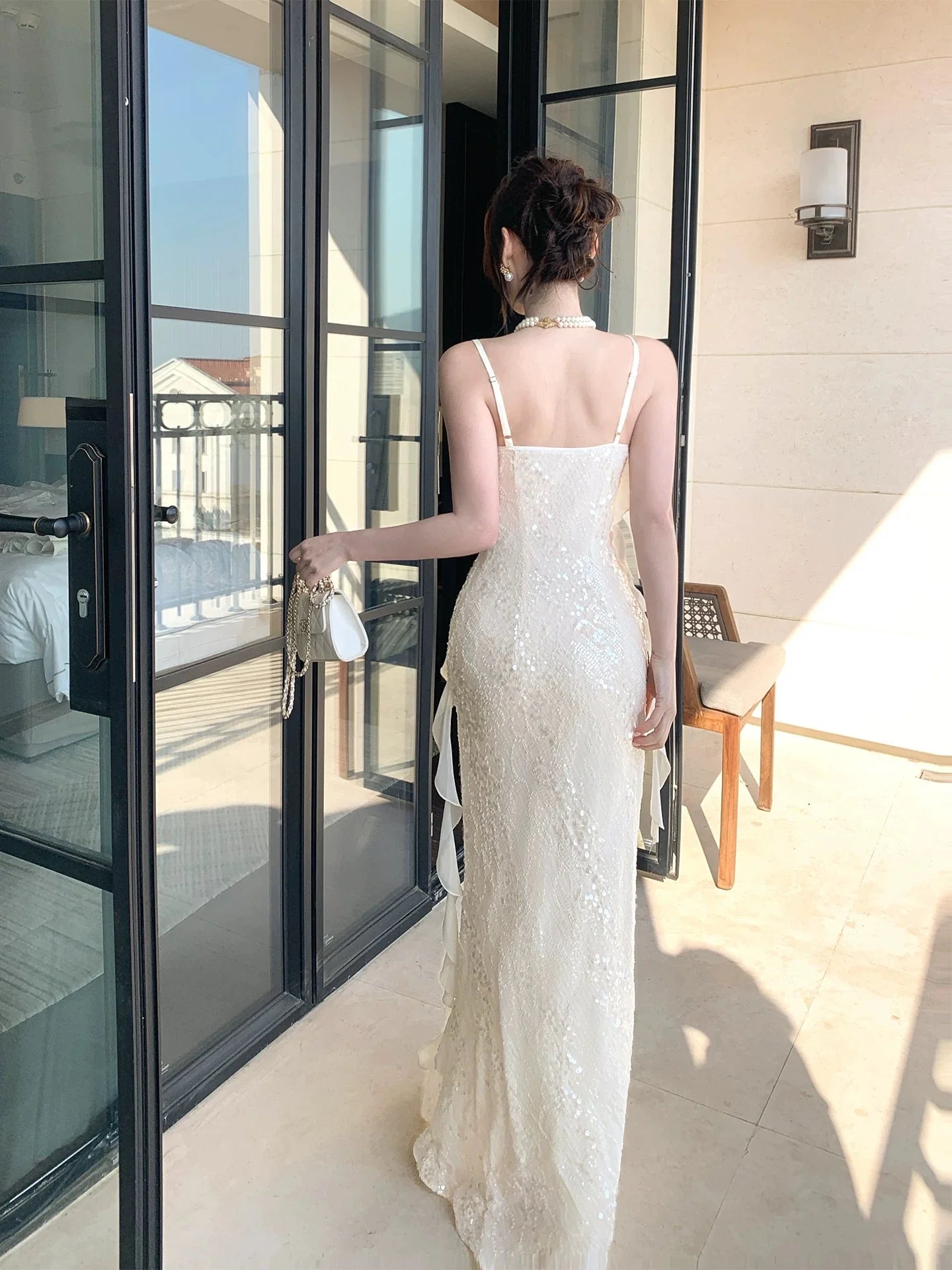 Glamorous Mermaid Spaghetti Strap Sequin Ivory Maxi Prom Dress