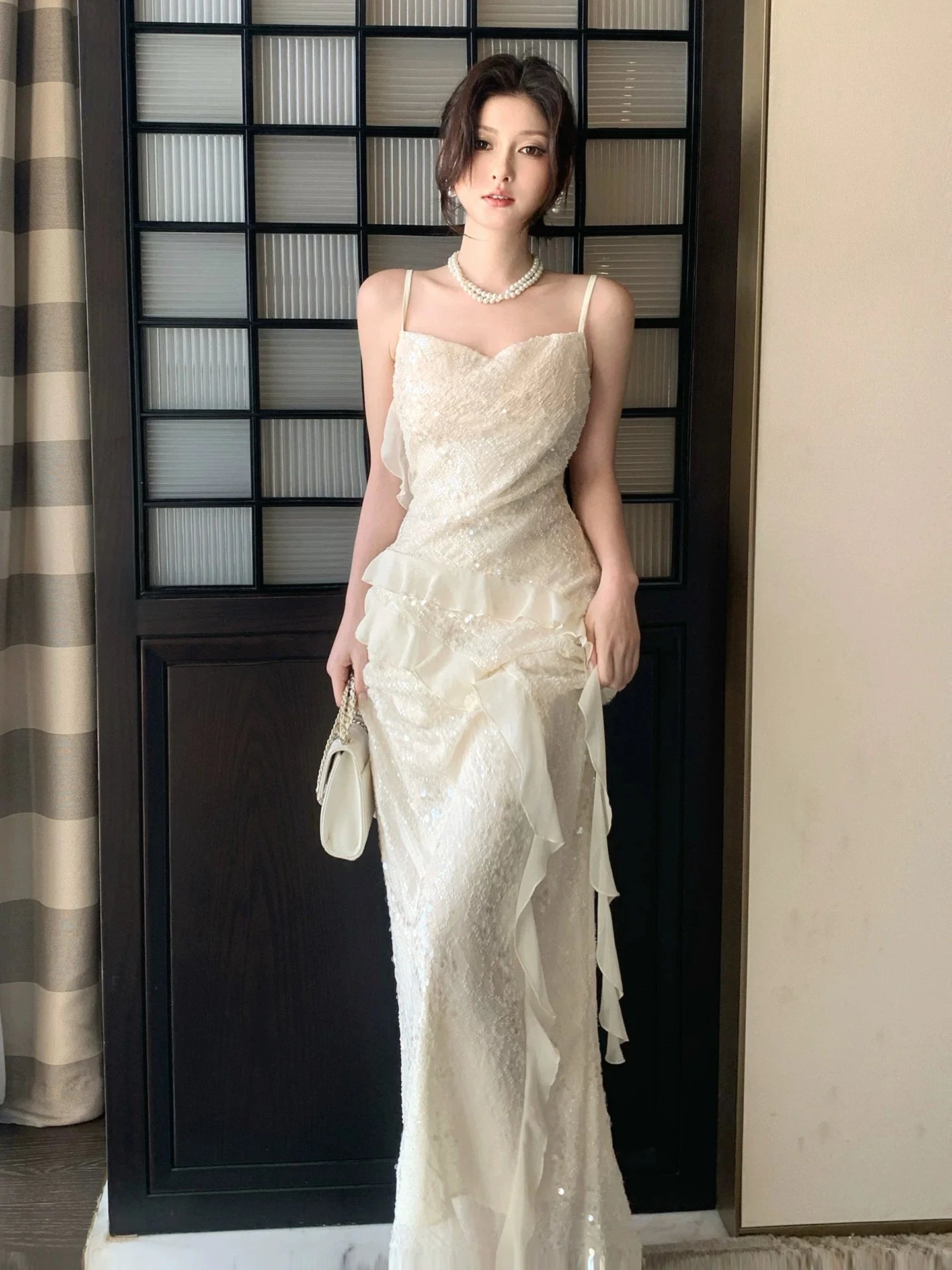 Glamorous Mermaid Spaghetti Strap Sequin Ivory Maxi Prom Dress