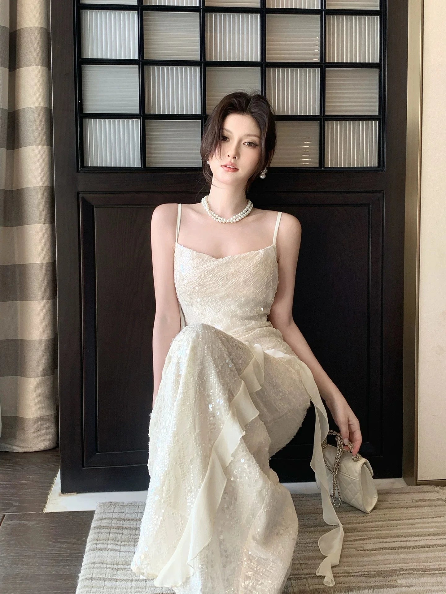 Glamorous Mermaid Spaghetti Strap Sequin Ivory Maxi Prom Dress