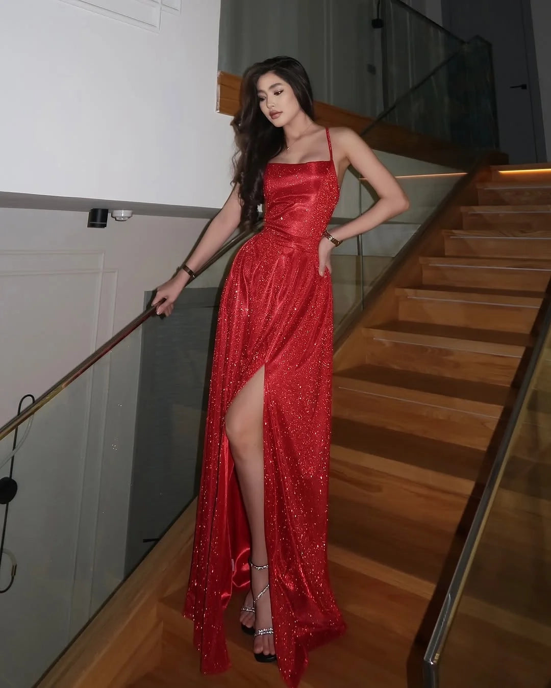 Glamorous Mermaid Spaghetti Strap Sequin Red Prom Dress