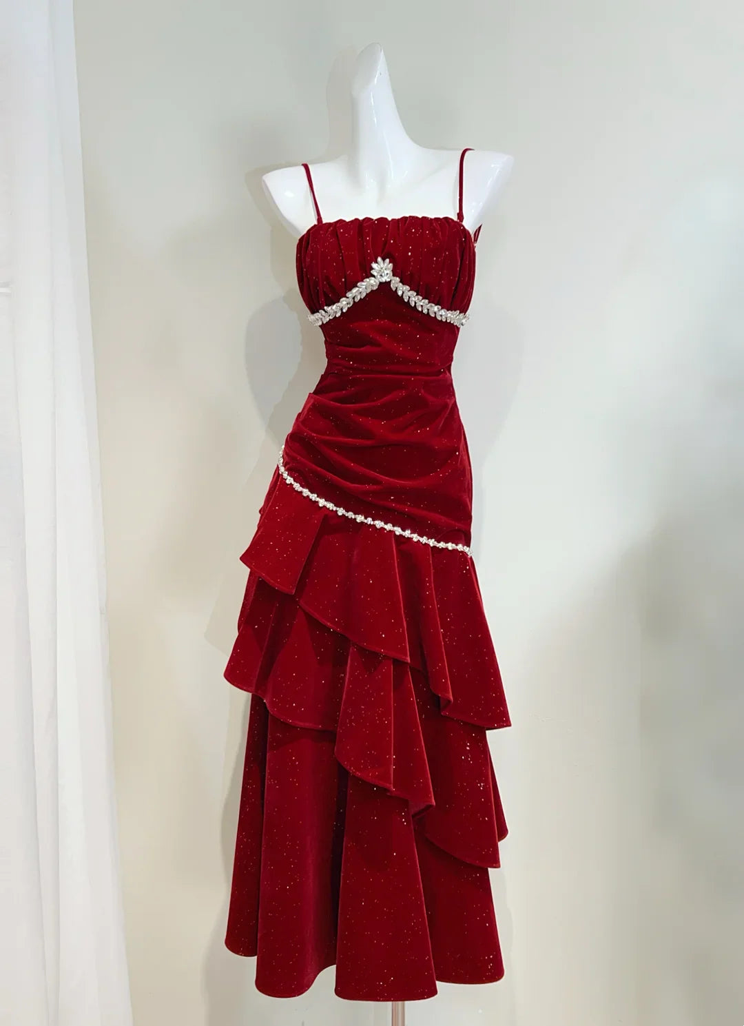 Glamorous Mermaid Spaghetti Strap Velvet Red Floor-Length Prom Dress