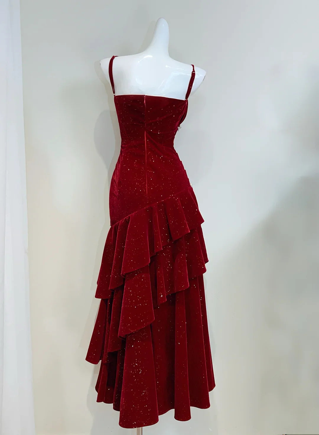 Glamorous Mermaid Spaghetti Strap Velvet Red Floor-Length Prom Dress