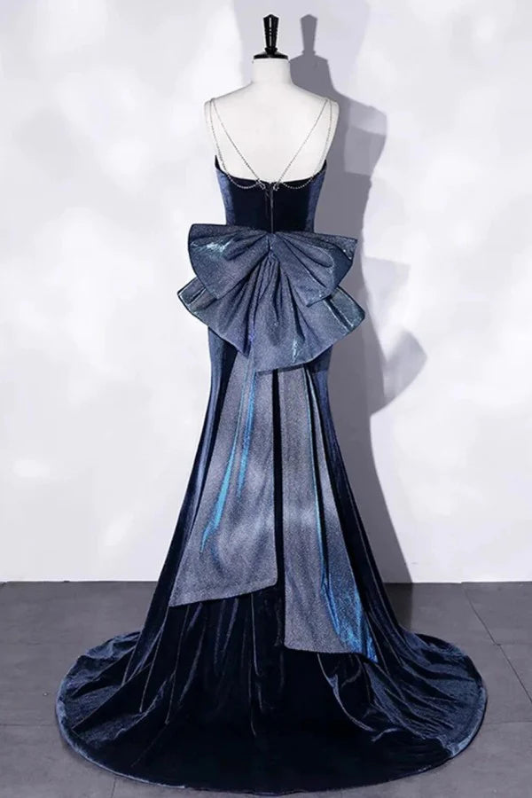 Glamorous Mermaid Spaghetti Straps Bow-Adorned Navy Blue Velvet Prom Dresses