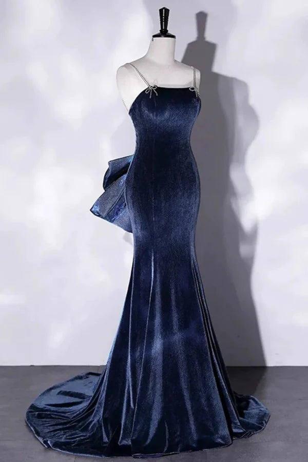 Glamorous Mermaid Spaghetti Straps Bow-Adorned Navy Blue Velvet Prom Dresses