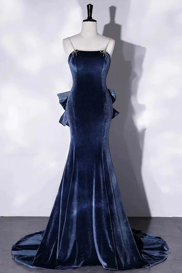 Glamorous Mermaid Spaghetti Straps Bow-Adorned Navy Blue Velvet Prom Dresses
