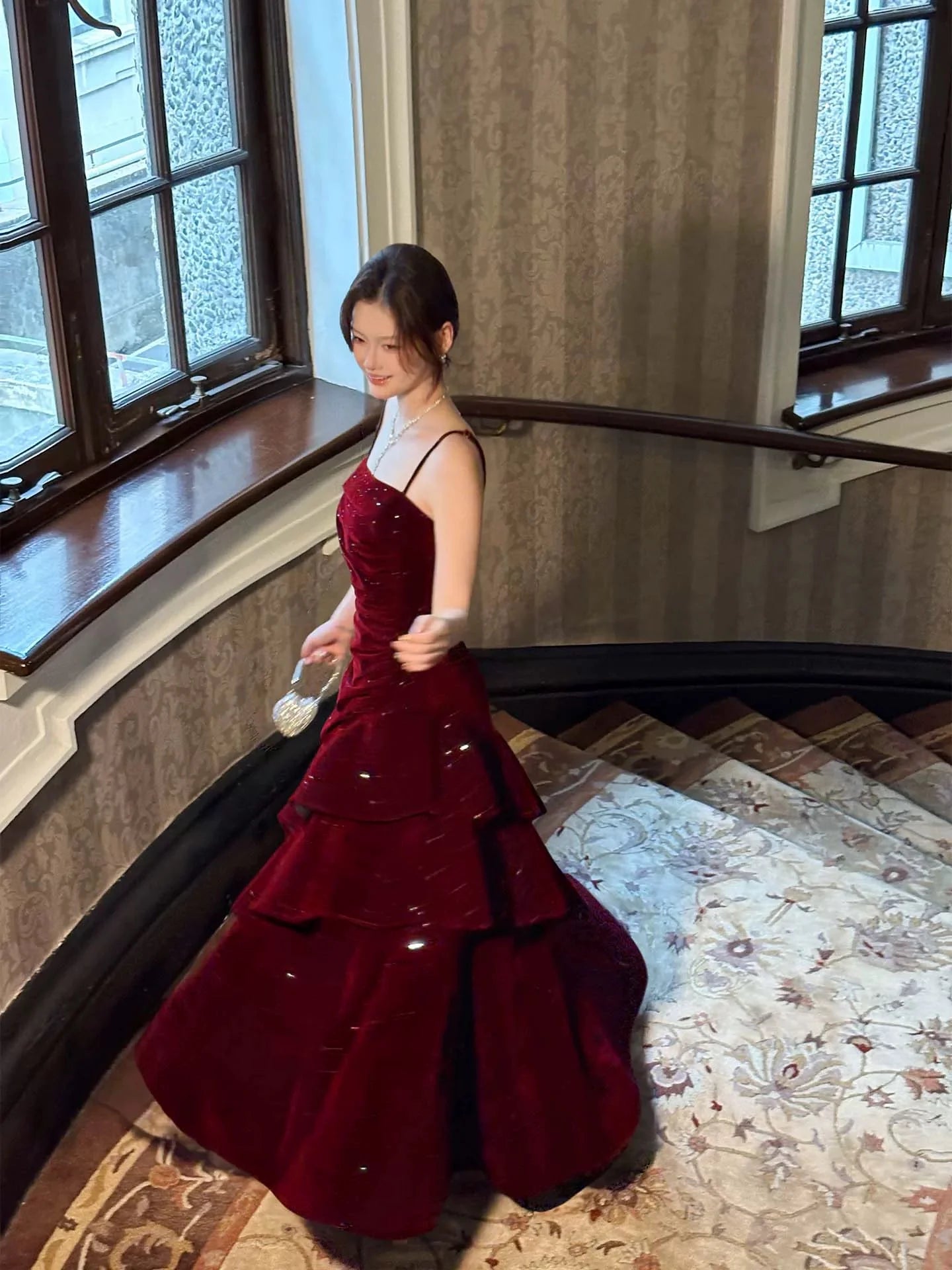 Glamorous Mermaid Square Neck Glitter Burgundy Maxi Prom Dress