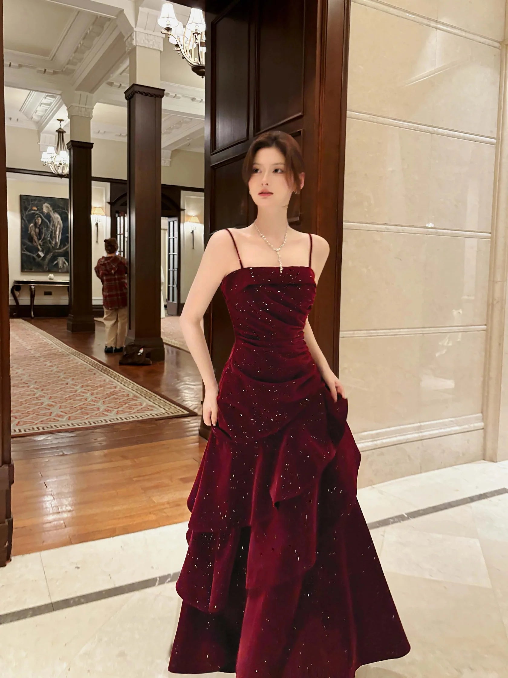 Glamorous Mermaid Square Neck Glitter Burgundy Maxi Prom Dress