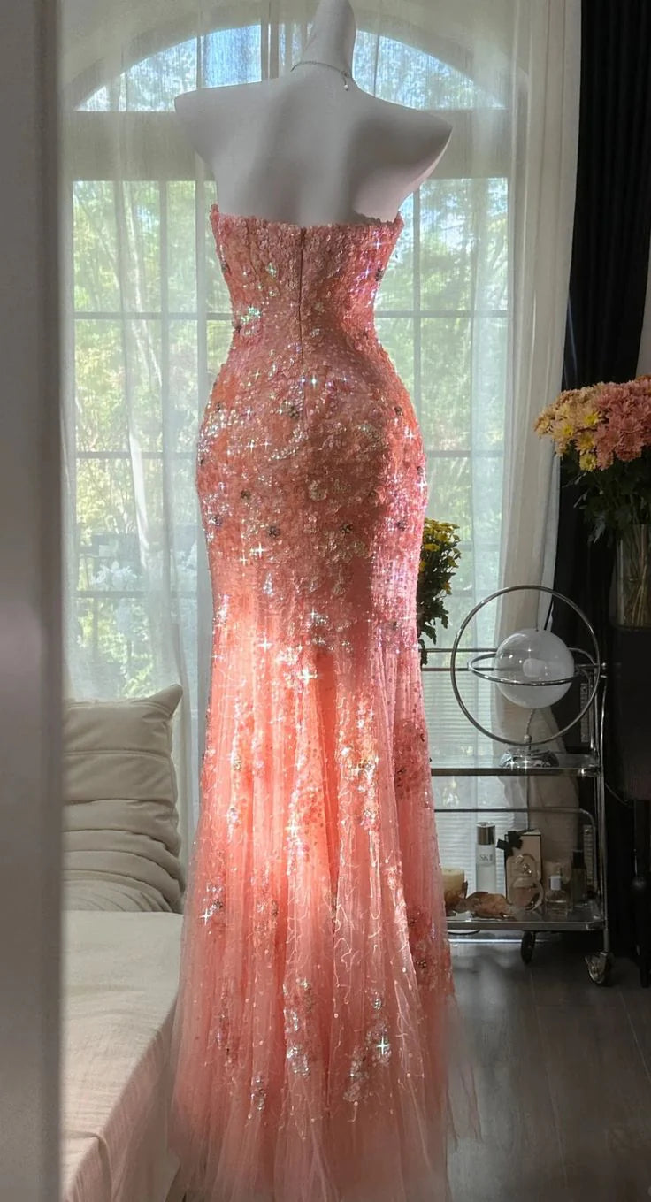 Glamorous Mermaid Strapless Beaded Coral Maxi Prom Dress