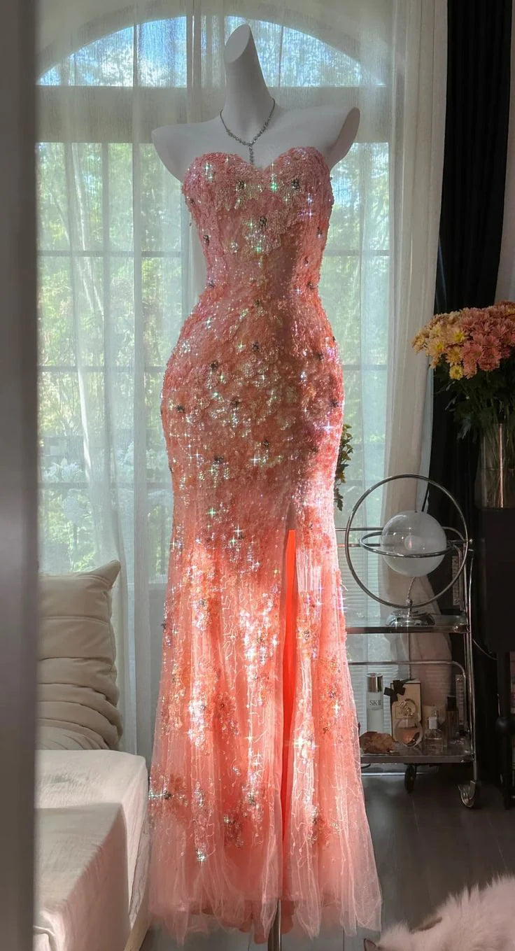 Glamorous Mermaid Strapless Beaded Coral Maxi Prom Dress