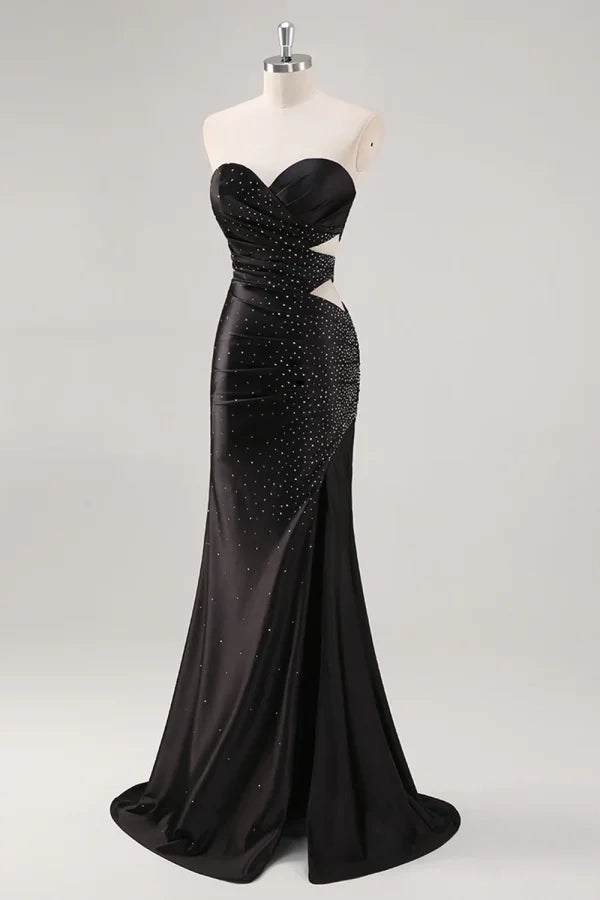 Glamorous Mermaid Strapless Beaded Cutout Black Maxi Evening Dress