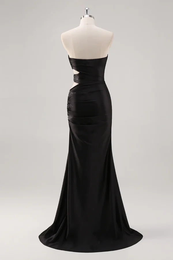 Glamorous Mermaid Strapless Beaded Cutout Black Maxi Evening Dress