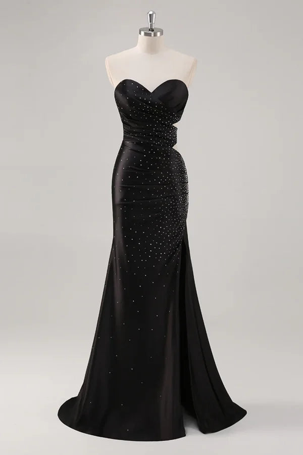 Glamorous Mermaid Strapless Beaded Cutout Black Maxi Evening Dress
