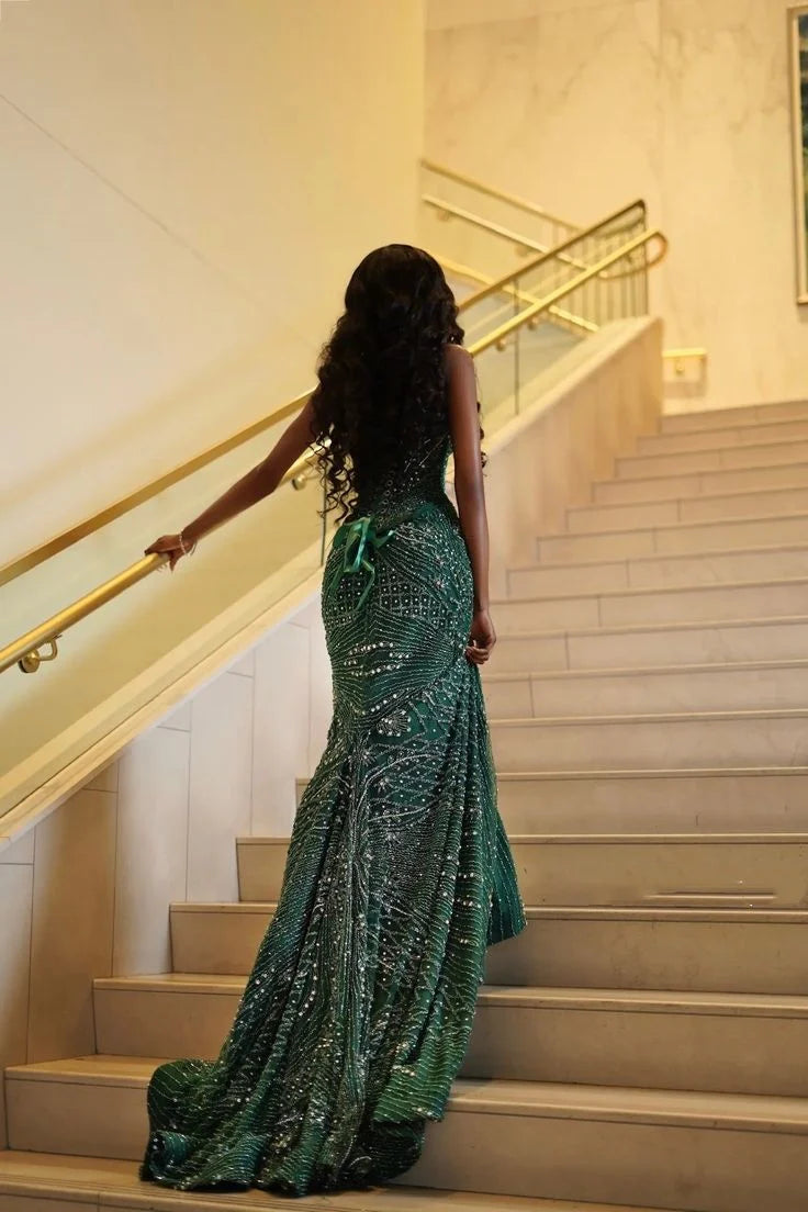 Glamorous Mermaid Strapless Beaded Emerald Green Maxi Prom Dress