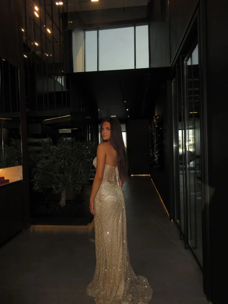 Glamorous Mermaid Strapless Beaded Gold Maxi Prom Dress