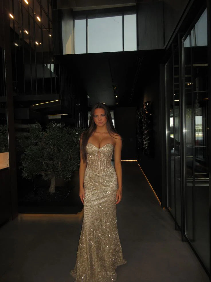 Glamorous Mermaid Strapless Beaded Gold Maxi Prom Dress
